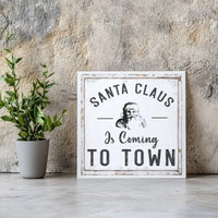 Vintage Santa Claus Square Canvas Print, Santa Is Coming to Town Canvas, Retro Holiday Typography Canvas Art, Christmas Wall Decor Canvas