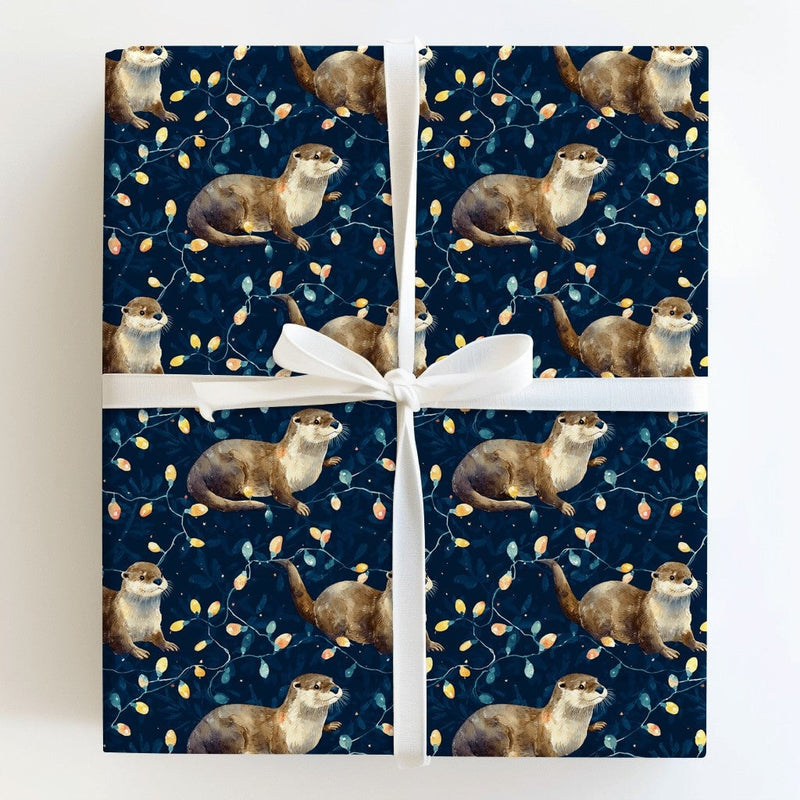 Adorable Animal Holiday Lights Gift Wrap, Christmas Otter Wrapping Paper, Watercolor Otter Xmas Wrapping Paper, Winter Holiday Wrapping Paper