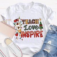 Festive Tree Lights Teacher Tee, Teach Love Inspire Christmas T-Shirt, Holiday Educator Shirt, Merry Christmas School Teacher Present