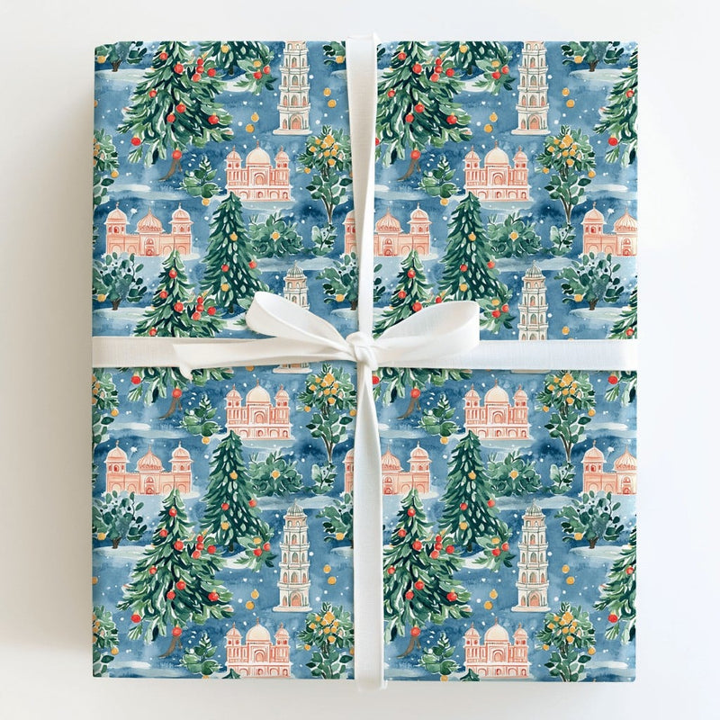 Watercolor Winter City Gift Wrap Roll, Mediterranean Christmas Wrapping Paper, Festive Architecture Wrapping Paper, Holiday Gift Wrap Paper