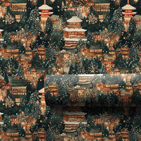 Snowy Pagoda Holiday Gift Wrap, Japanese Winter Village Wrapping Paper, Watercolor Japan Night Wrapping Paper, Asian Christmas Gift Wrap