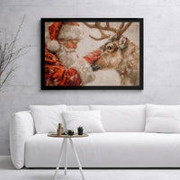 Whimsical Snowy Christmas Scene Poster, Santa Claus Reindeer Canvas Wall Art, Holiday Reindeer Art Print, Xmas Santa Art Digital Download
