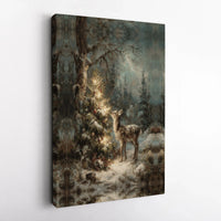Winter Forest Fawn Print, Christmas Deer Wall Art, Lit Tree Holiday Poster, Festive Wildlife Print