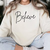 Minimalist Script Xmas Holiday Sweater, Believe Christmas Sweatshirt, Festive Winter Aesthetic Crewneck, Comfy Christmas Graphic Pullover