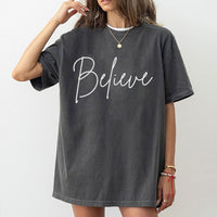 Minimalist Script Holiday Tee, Believe Christmas T-Shirt, Vintage Festive Christmas Tree Shirt, Adorable Winter Family Graphic T-Shirt