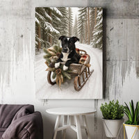 Winter Dog in Sleigh Wall Art, Christmas Dog Sled Canvas, Snowy Forest Dog Canvas Print, Rustic Holiday Dog Wall Decor, Dog Lover Present