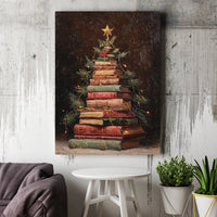 Bookish Library Wall Art, Book Lover Christmas Tree Canvas Print, Bookworm Holiday Wall Decor, Comfy Reading Art Canvas