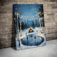 Snowy Forest Cabin Canvas Art, Winter Ice Skating Canvas, String Lights Cottage Canvas Print, Holiday Season Wall Decor, Comfy Christmas Present