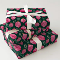 Watercolor Greenery Gift Wrap, Pink Ornament Christmas Wrapping Paper, Dark Green Holiday Wrapping Paper, Elegant Winter Bauble Gift Wrap