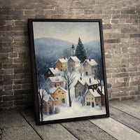 Snowy Mountain Village Print, Winter Village Canvas Wall Art, Christmas Town Landscape Art, Comfy Winter Village Digital Download
