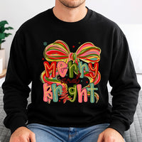 Preppy Coquette Bow Christmas Sweater, Merry and Bright Sweatshirt, Retro Girly Holiday Crewneck, Adorable Winter Season Graphic Pullover
