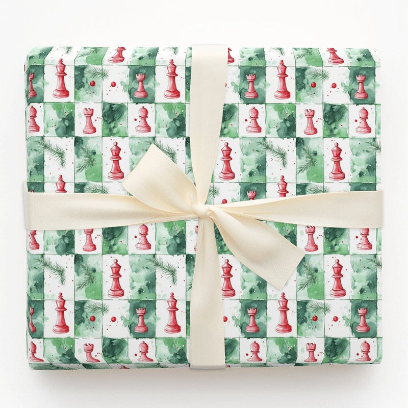 Watercolor Checkerboard Gift Wrap, Chess Christmas Wrapping Paper, Red Chess Pieces Wrapping Paper, Holiday Board Game Wrapping Paper