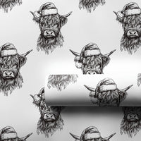 Black and White Christmas Gift Wrap, Sketch Highland Cow Wrapping Paper, Rustic Cow Holiday Wrapping Paper, Farmhouse Gift Wrap Paper Roll