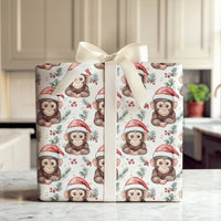 Adorable Animal Christmas Gift Wrap, Santa Hat Monkey Wrapping Paper, Watercolor Chimpanzee Wrapping Paper Roll, Kids Holiday Gift Wrap