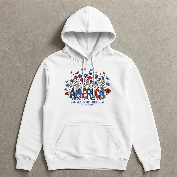 America 250 Years Hoodie | Patriotic Floral Wildflower Design | Soft Cotton-Polyester Blend | Gift for History Lovers