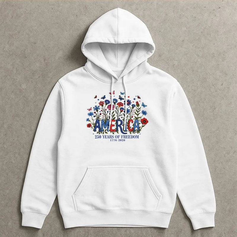 America 250 Years Hoodie | Patriotic Floral Wildflower Design | Soft Cotton-Polyester Blend | Gift for History Lovers