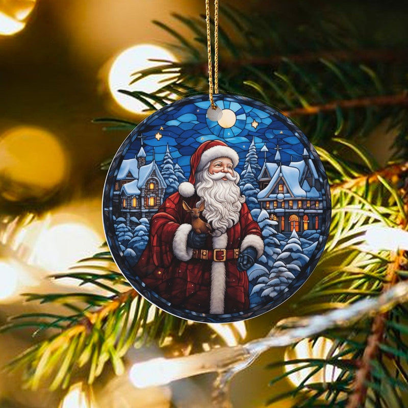 Snowy Village Christmas Ornament, Stained Glass Santa Ornament, Winter Scene Tree Ornament, Glossy Ceramic Holiday Keepsake