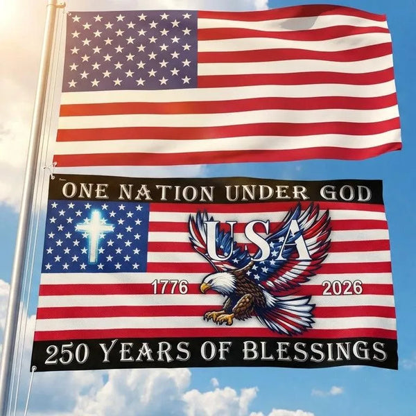 Patriotic Eagle Flag 250 Years of Blessings | One Nation Under God Cross Design | Double-Sided Outdoor House Flag | Christian Americana Gift