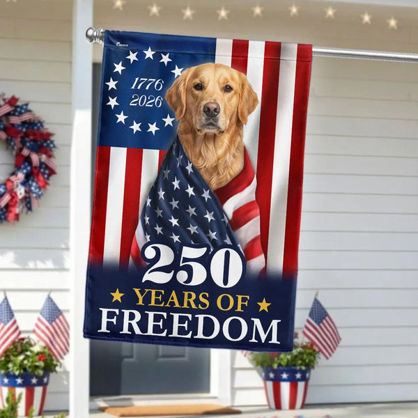 Golden Retriever American Flag Garden Flag | 250 Years of Freedom Patriotic Design | Double-Sided Weather-Resistant Polyester | Dog Lover Gift
