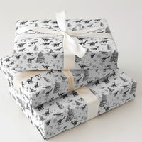 Black and White Winter Dino Gift Wrap, Dinosaur Christmas Wrapping Paper, Snowy Pine Tree Wrapping Paper, Kids Holiday Gift Wrap Roll