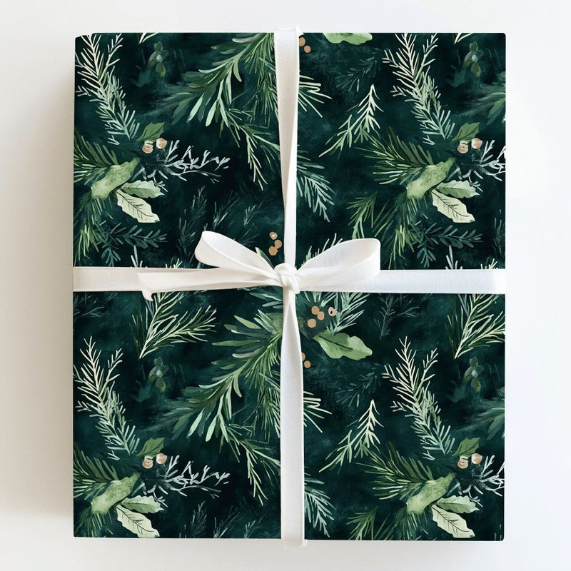 Botanical Berry Christmas Gift Wrap, Moody Pine Wrapping Paper, Dark Green Winter Holiday Wrapping Paper, Forest Gift Wrap Roll