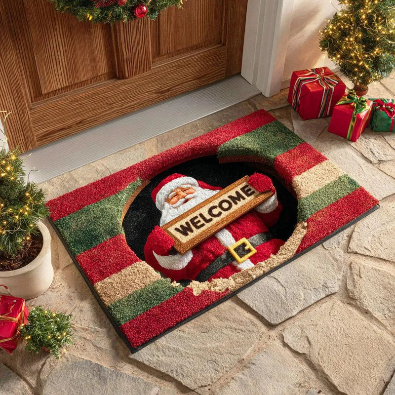 Festive Welcome Santa Door Mat, Santa Claus Christmas Doormat, Holiday Winter Entryway Mat, Comfy Front Porch Floor Rug Christmas Present