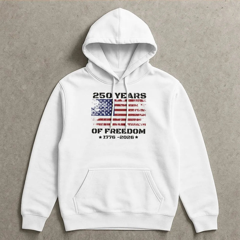 250 Years of Freedom Hoodie | Distressed American Flag 1776-2026 Graphic | Premium Cotton-Polyester Blend | Patriotic Gift for Americana Fans