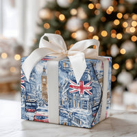 Snowy Big Ben Red Bus Gift Wrap, London Christmas Wrapping Paper, British Flag Cityscape Present Paper, London Xmas Wrapping Paper