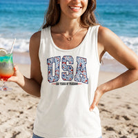 Patriotic USA Floral Tank Top | 250 Years of Freedom Red White and Blue Botanical Print | Soft Lightweight Breathable Fabric | 4th of July Independence Day Summer Outfit Gift