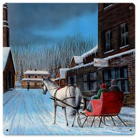 Vintage Christmas Sleigh Sign, Sleigh Ride in Town Metal Sign, Retro Snowy Winter Holiday Wall Art, Festive Farmhouse Decor, Xmas Present