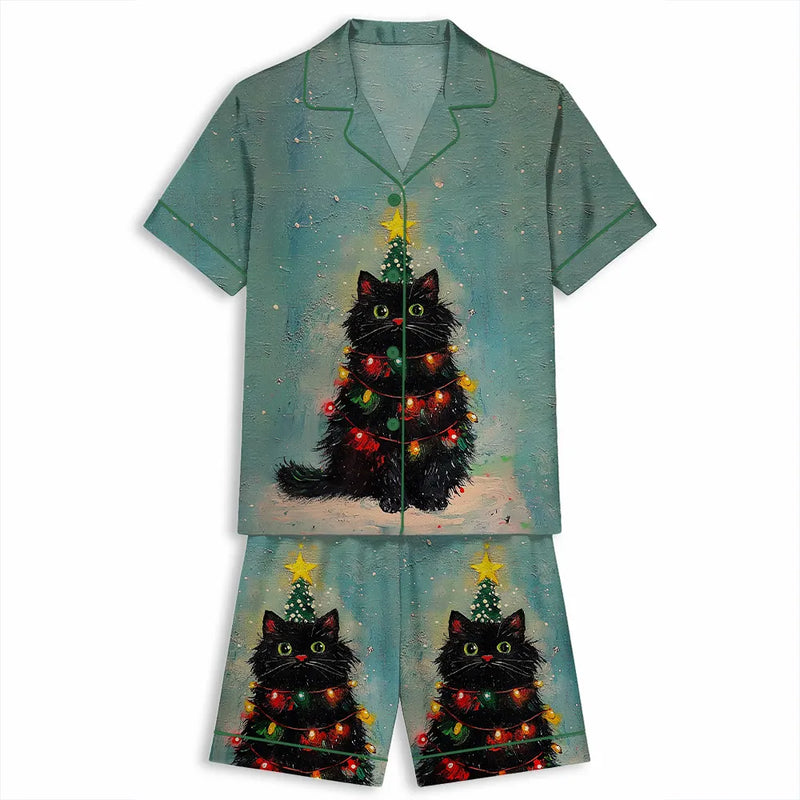 Holiday Cat Pajama Set, Black Cat Christmas Tree Satin Pajama Set, Short Sleeve Xmas Sleepwear, Festive Winter Loungewear, Adorable Pajamas Present