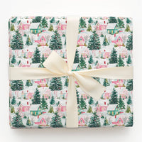 Watercolor Holiday Gift Wrap, Pastel Winter Village Christmas Wrapping Paper, Pink Green Christmas Tree Wrap, Comfy Snowy Village Present Paper
