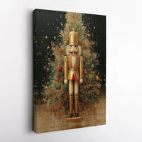Christmas Tree Canvas Print, Golden Nutcracker Canvas Wall Art, Festive Nutcracker Wall Art, Holiday Portrait Canvas, Xmas Living Room Present