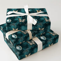 Teal Pine Ornament Gift Wrap, Winter Butterfly Wrapping Paper, Botanical Christmas Wrapping Paper, Nature Holiday Present Gift Wrap
