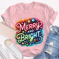 Colorful Retro Holiday Graphic Tee, Merry and Bright Tie Dye Christmas Shirt, Rainbow Xmas T-Shirt, Matching Holiday Outfit