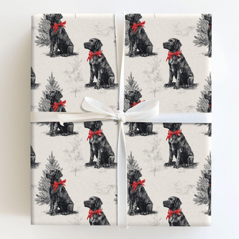 Vintage Dog Holiday Gift Wrap, Black Labrador Christmas Wrapping Paper, Retro Lab Pine Tree Wrapping Paper, Pet Lover Gift Wrapping Paper
