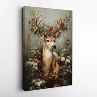 Rustic Woodland Deer Print, Christmas Deer Canvas Wall Art, Holly Berry Vintage Oil Painting Poster, Holiday Wall Decor Digital Download