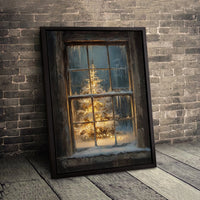 Rustic Winter Holiday Wall Art, Christmas Tree Snowy Window Canvas, Comfy Snowy Tree Canvas Art, Frameless Holiday Canvas, Winter Home Present