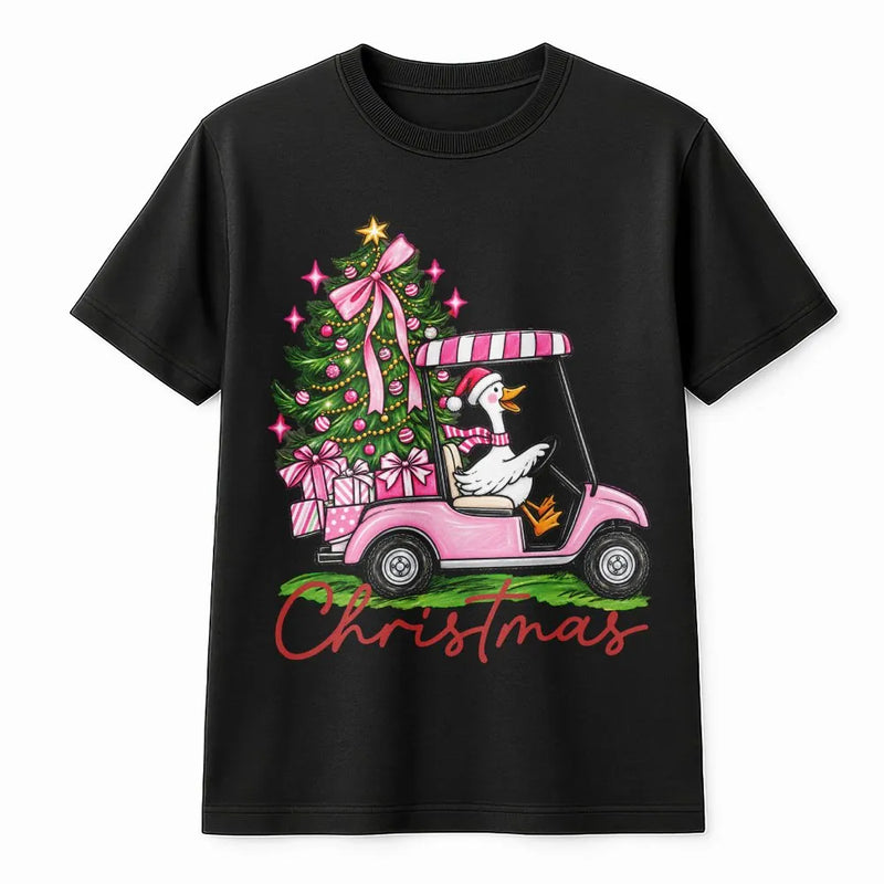 Pink Golf Cart Christmas Tree Tee, Christmas Goose Shirt, Retro Christmas Goose T-Shirt, Adorable Holiday Graphic Tee, Christmas Present