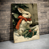 Vintage White Rabbit Holiday Wall Art, Christmas Bunny Canvas, Red Bow Holly Bunny Print, Winter Bunny Canvas Art, Rabbit Lover Present