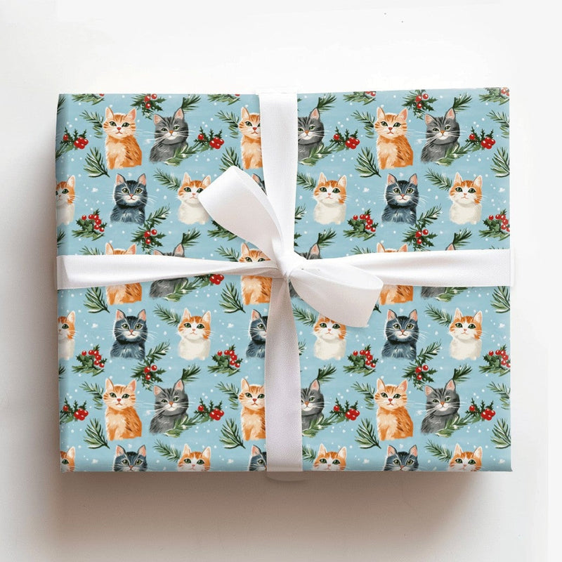 Adorable Kitten Holiday Gift Wrap, Christmas Cat Wrapping Paper, Festive Winter Cat Lover Wrapping Paper, Holly Pine Pet Lover Gift Wrap Roll