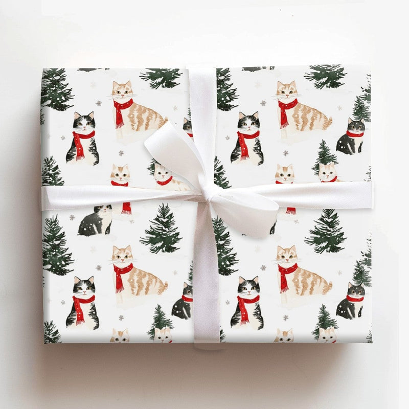 Comfy Winter Scarf Kitten Gift Wrap, Christmas Cat Wrapping Paper, Festive Pine Tree Wrapping Paper, Adorable Holiday Cat Lover Gift Wrap