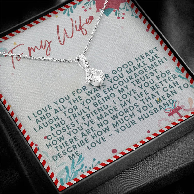 CZ Ribbon Pendant Necklace, To My Wife Ribbon Necklace, 14k White Gold Over Stainless Steel Jewelry, Romantic Christmas Anniversary Present Her