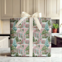 Snowy Winter Village Gift Wrap, Pink Christmas Wrapping Paper, Pastel Church Town Wrapping Paper, Retro Holiday Present Gift Wrap Roll