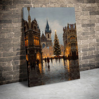 Old Town Square Winter Canvas Wall Art, Prague Christmas Market Canvas Print, European Travel Holiday Canvas, Festive Cityscape Print