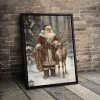 Christmas Forest Wall Art, Vintage Santa Claus Canvas Print, Holiday Santa and Reindeer Canvas Art, Traditional Winter Xmas Wall Decor
