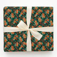 Orange Botanical Holiday Wrapping Paper, Vintage Floral Christmas Wrapping Paper, Red Berry Winter Wrapping Paper, Festive Holiday Gift Wrap