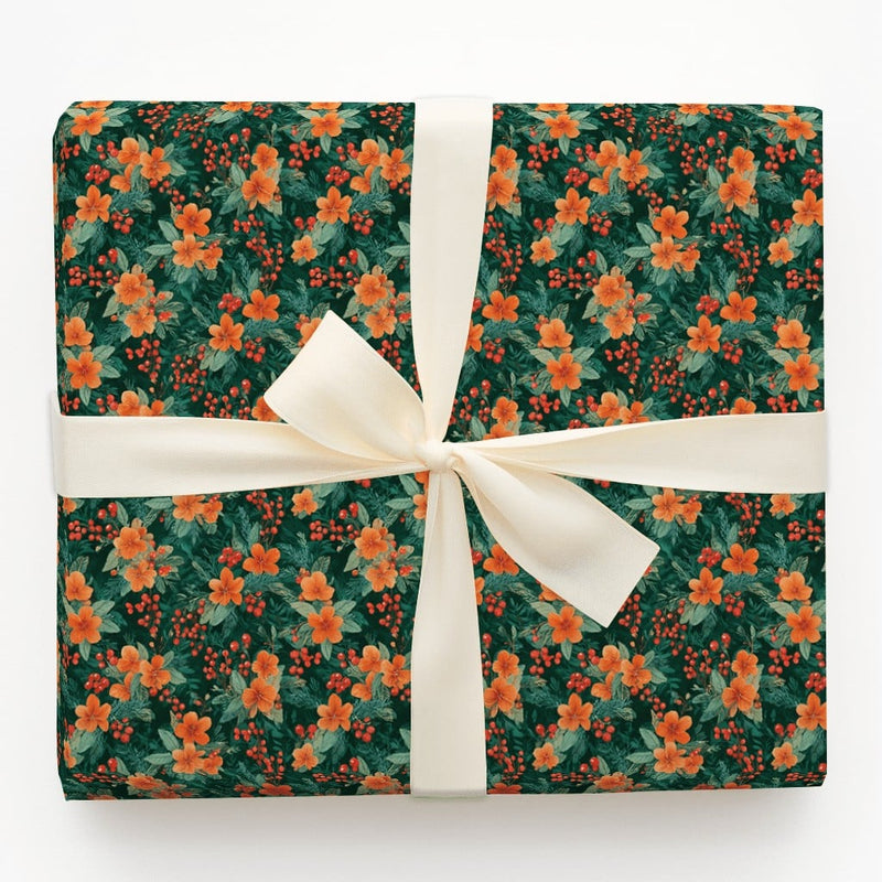 Orange Botanical Holiday Wrapping Paper, Vintage Floral Christmas Wrapping Paper, Red Berry Winter Wrapping Paper, Festive Holiday Gift Wrap