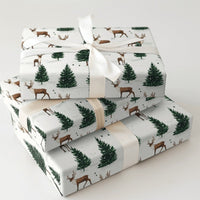 Winter Pine Tree Gift Wrap, Woodland Reindeer Christmas Wrapping Paper, Rustic Reindeer Wrapping Paper Roll, Forest Holiday Wrapping Paper