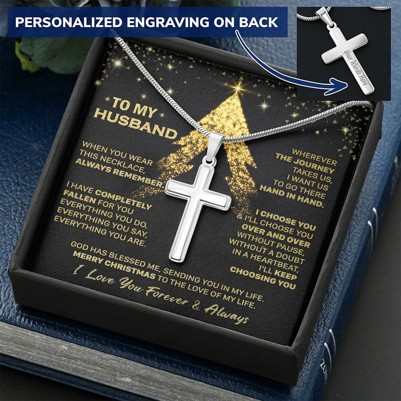 Custom Engraved Cross Necklace, Personalized Cross Necklace for Husband, Stainless Steel Mens Cross Pendant, Faith Christmas Present for Him